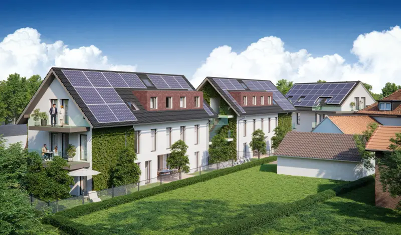 Visualisierung: Gartenseite mit Grünflächen und Balkonen