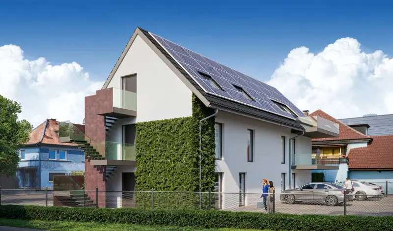 Visualisierung: Haus 2a und 2b, Seitenansicht mit Photovoltaik auf dem Dach