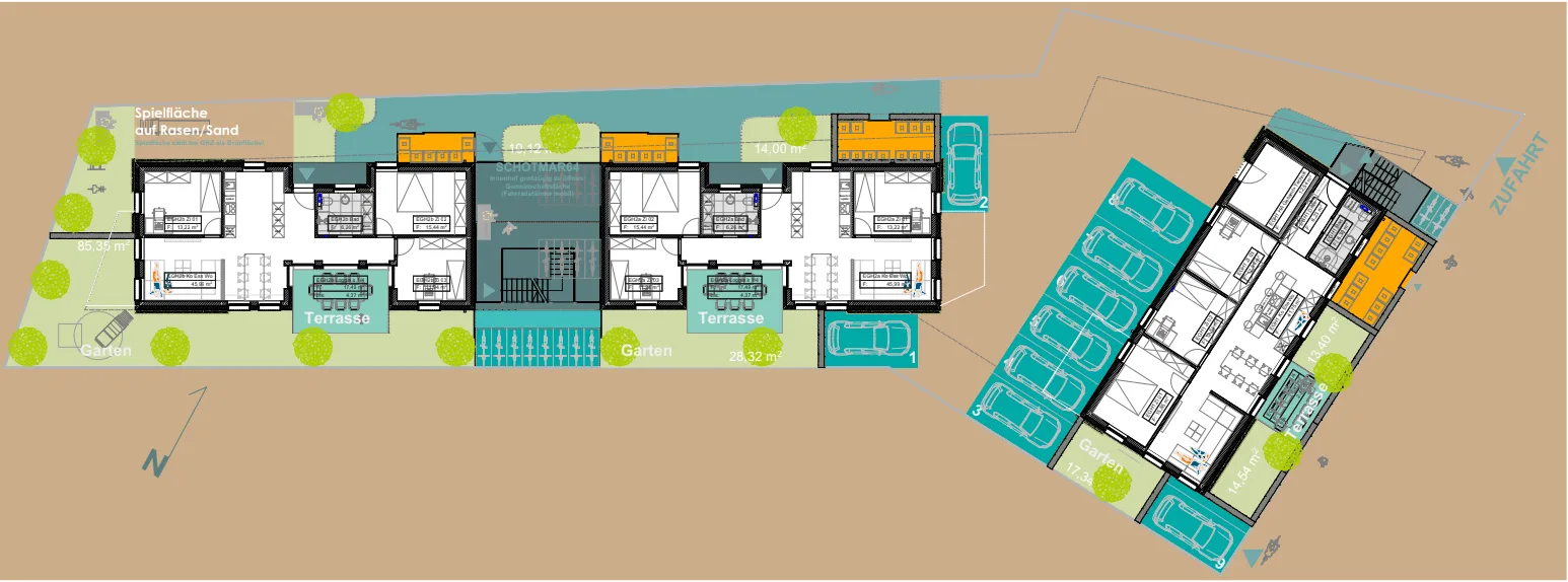 Lageplan Erdgeschoss und Obergeschoss mit Haus 1, Haus 2a und 2b, Gärten, Terrassen und Stellplätzen