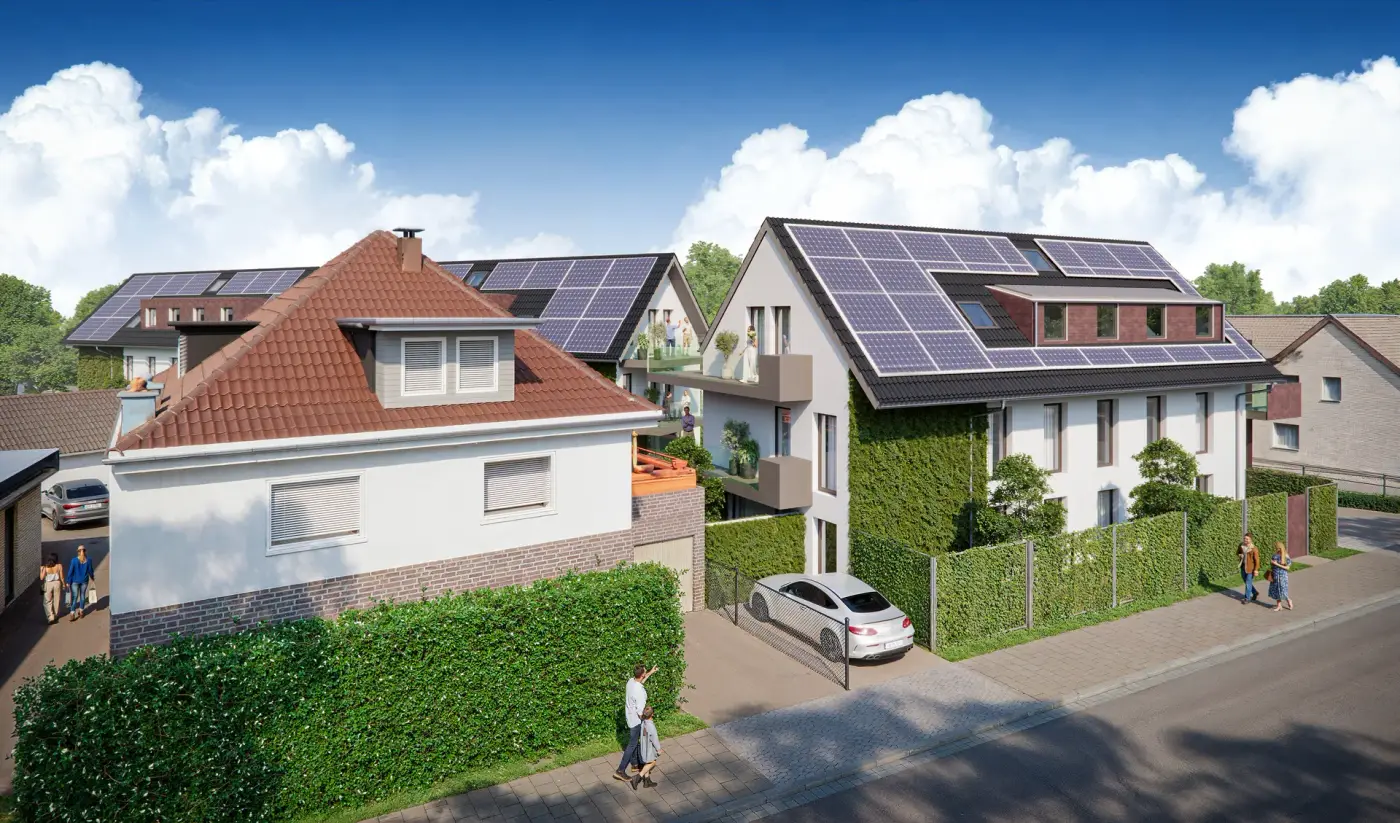Visualisierung: Straßenansicht mit Haus 1 und den beiden Häusern dahinter
